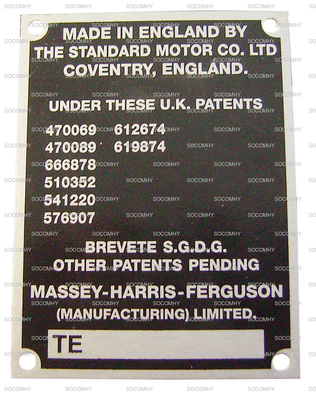 plaque avec numéro de série pour Massey Ferguson Série TE TEF20